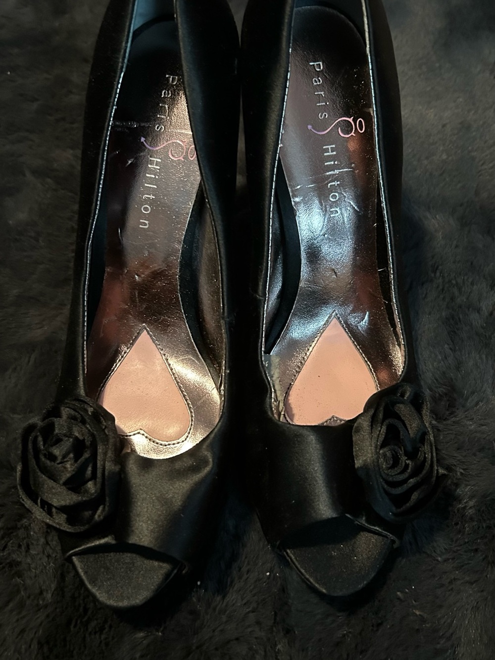 Paris Hilton Black Satin Peep-Toe Pumps with Rose Accent